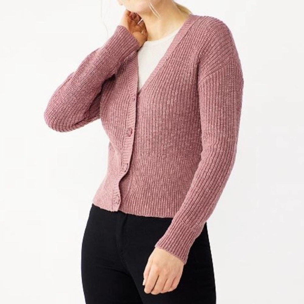Nine West Easy Cinch Waist ribbed knit cardigan button front Mai Mauve v-neck M